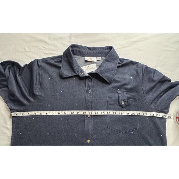 Quacker Factory XL Knit Denim Blouse Button Rhinestones Collar Tab Pocket - Picture 6 of 11